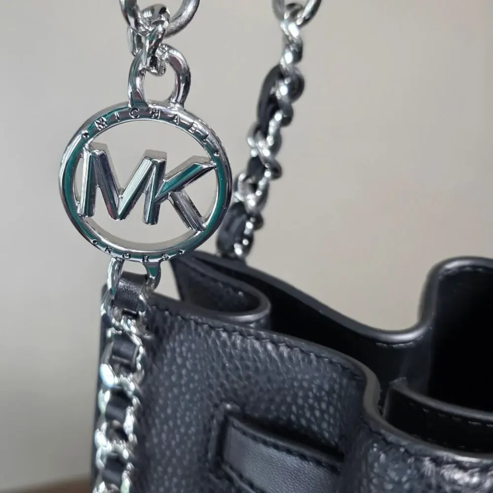 NEW Michael Kors MK Black Mina Large Chain Belted Vegan Leather Shoulder Bag